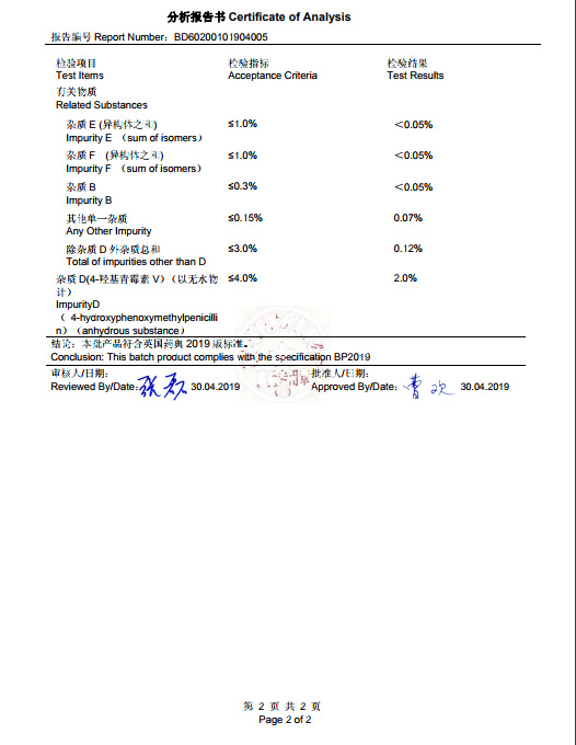 ပibိဇီဝဆေးများ API Phenoxymethylpenicillin ပိုတက်စီယမ်, CAS 132-98-9 Penicillin V ပိုတက်စီယမ်